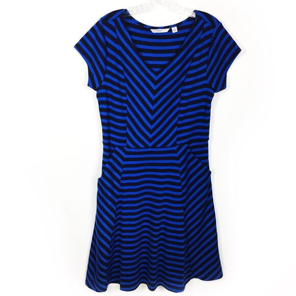 Isaac Mizrahi Dress S Blue Navy Stripe Pockets Stretch Knit Chevron Casual Work - Picture 1 of 8